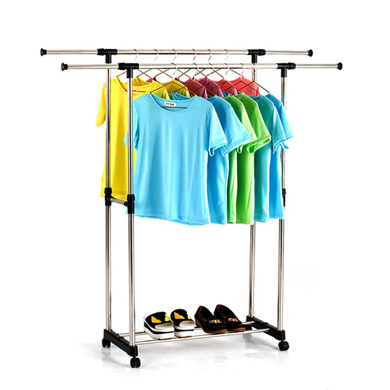 Stainless Steel Double Rails 2x Telescopic Clothes Rack with Wheels
