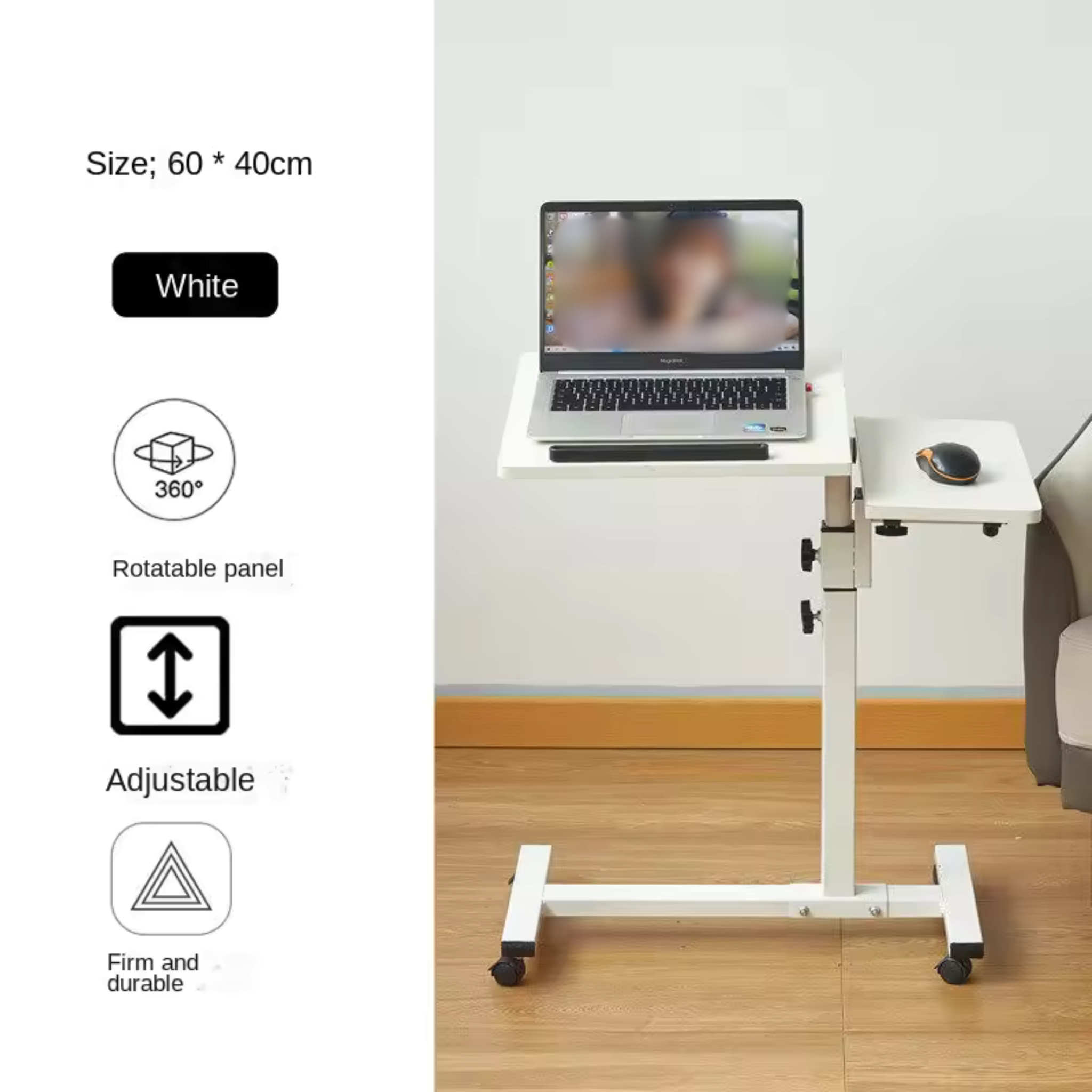 Adjustable Bedside Laptop Table with Wheels, Tilting Desk for Laptop with Work Space