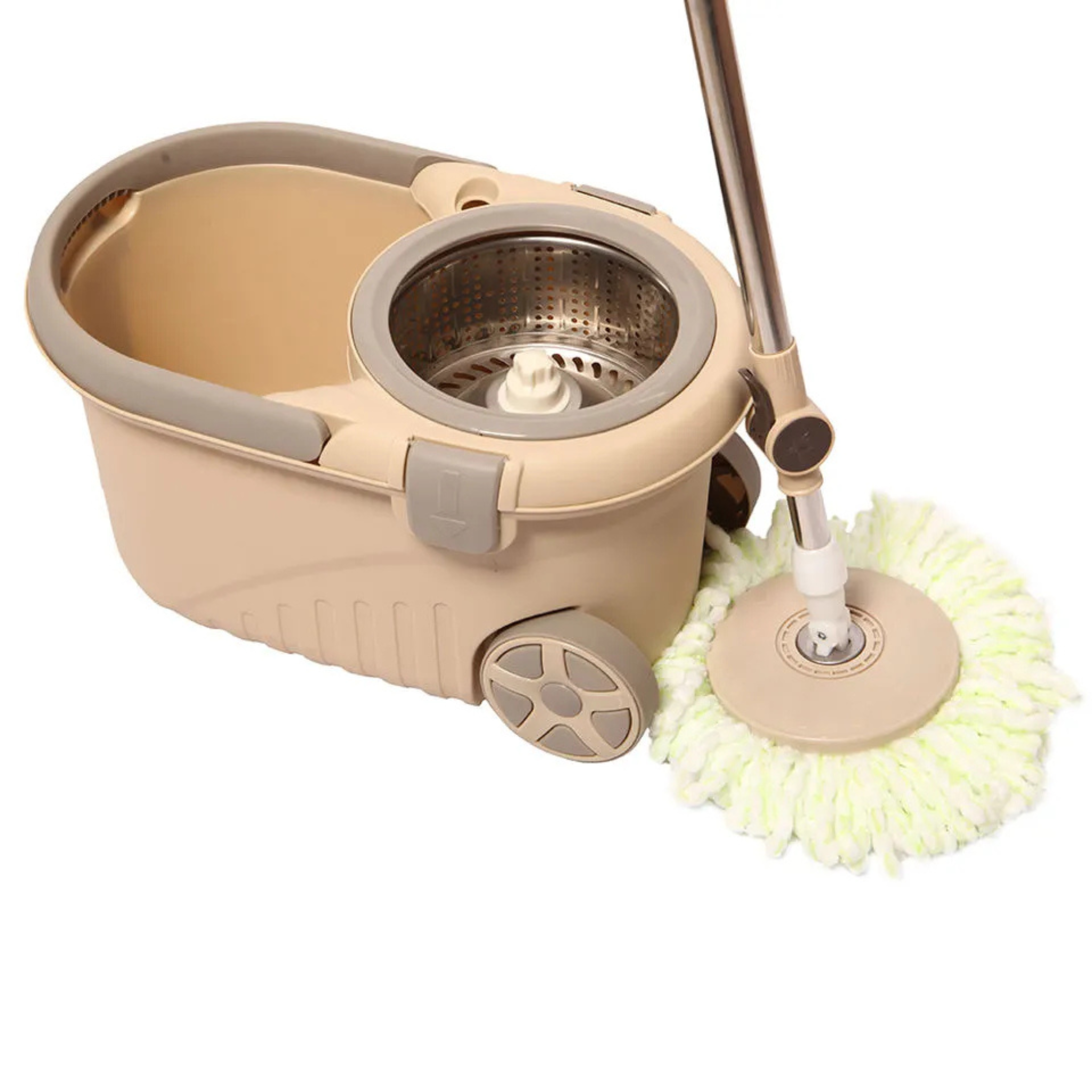 Spin Floor Mop Bucket Set with Wringer, Hands-free Wring Mop with 2 Microfiber Heads