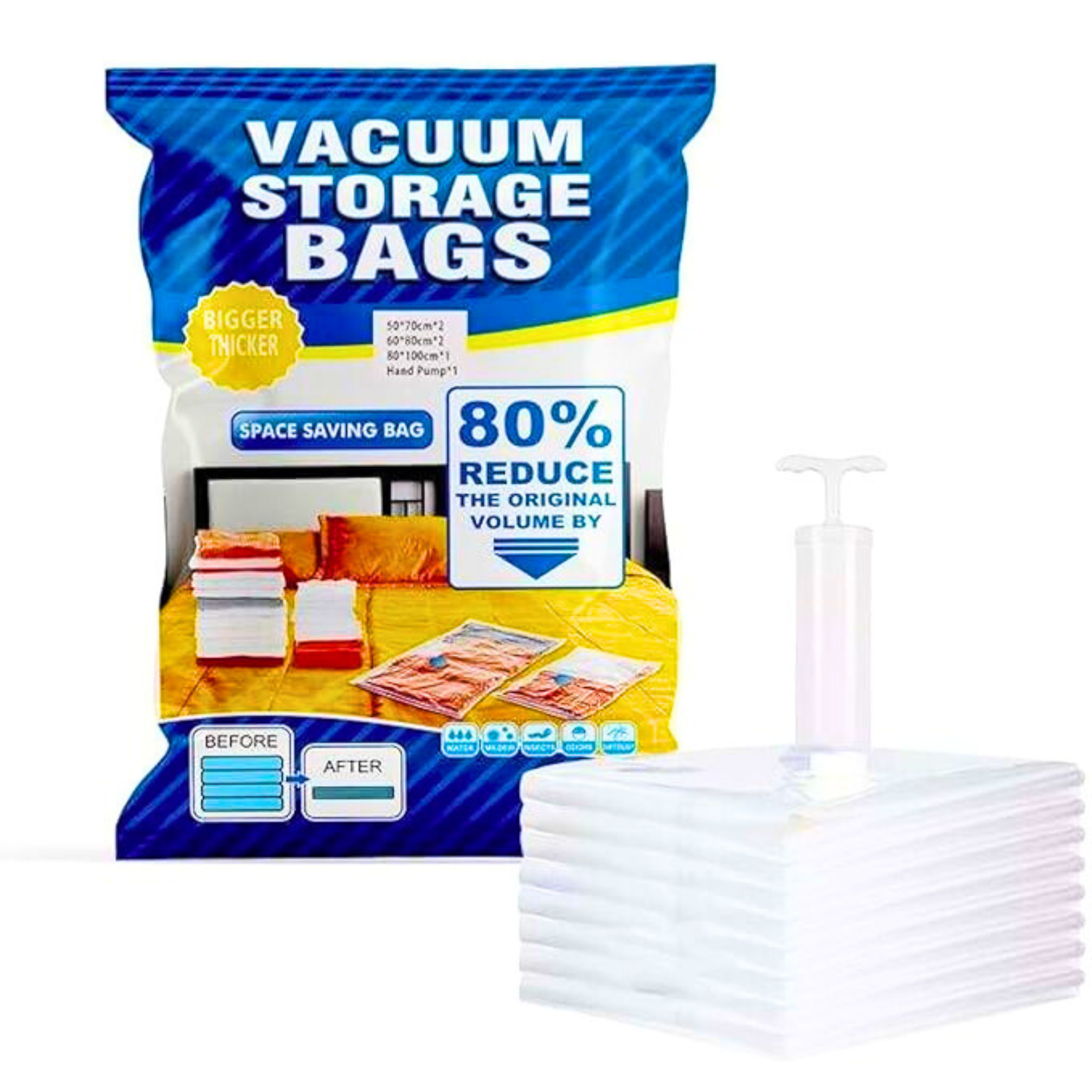 [Value Pack] Large Vacuum Storage Bags for Clothes | Space Saver Reusable Vacuum Bags | 2pcs 50x70cm, 2pcs 60x80cm, 1pcs 80x100cm, Hand Pump