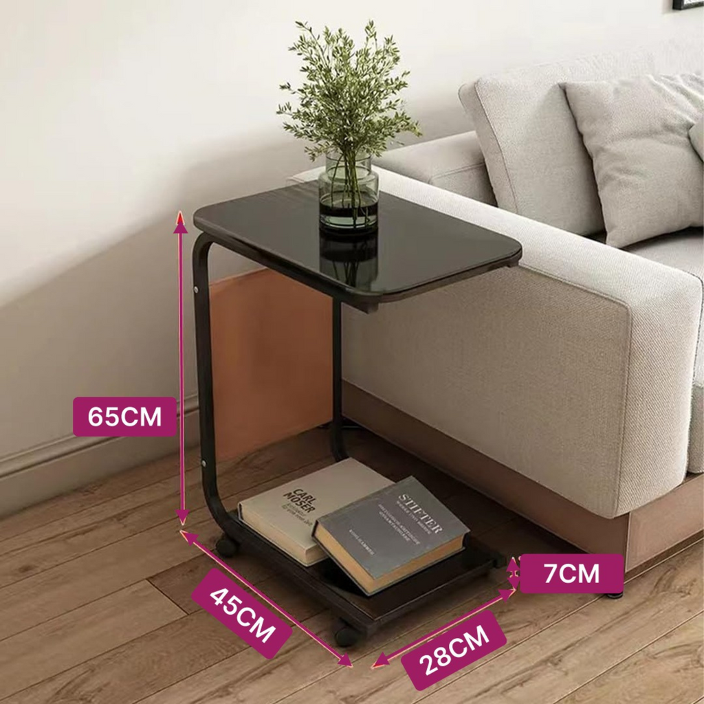 C Shaped Bedside Coffee Table with Side Pocket & Wheels