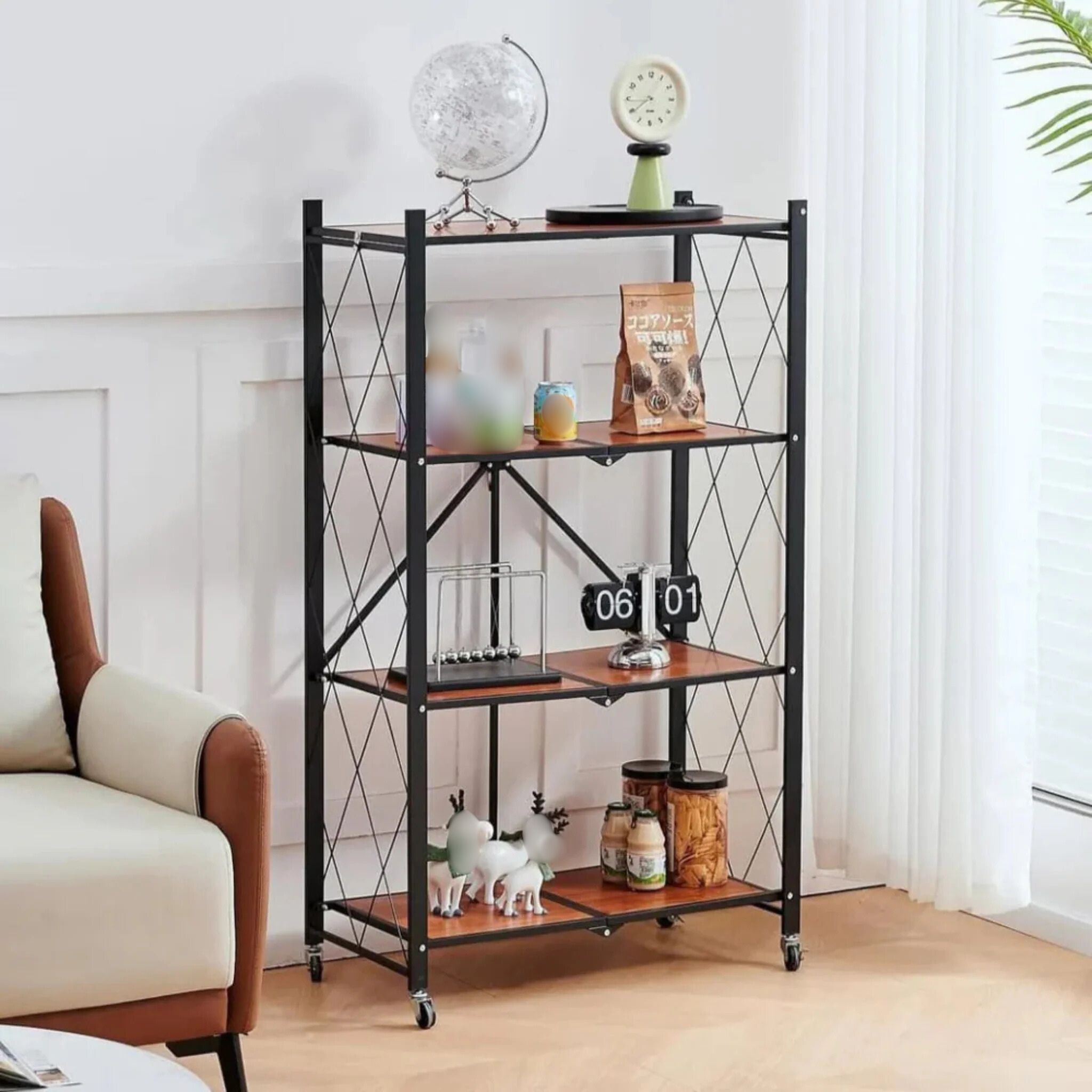 Heavy Duty Folding Storage Rack with Wooden Shelf for Kitchen and Home