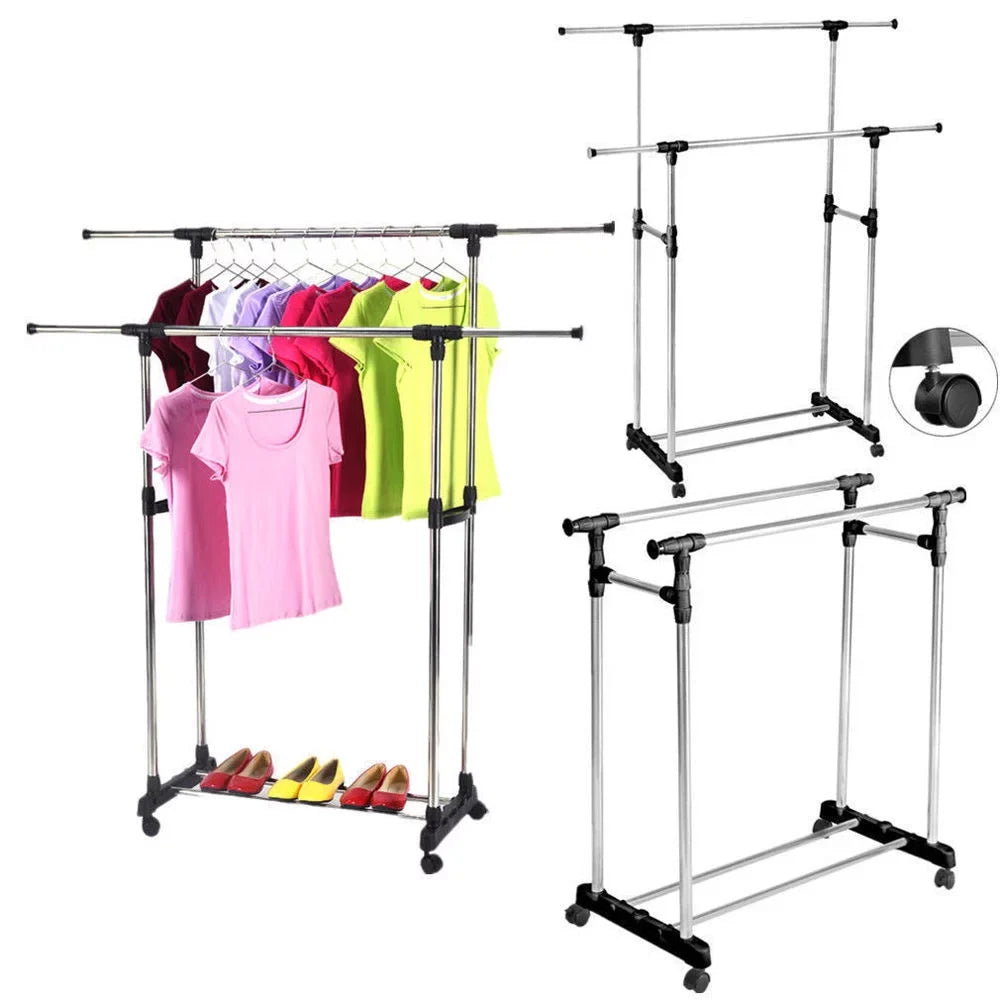 Stainless Steel Double Rails 2x Telescopic Clothes Rack with Wheels